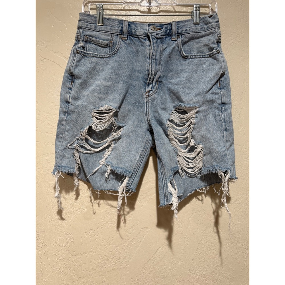 American Eagle Distressed Denim Shorts Light Wash High Rise Raw Hem Size 8